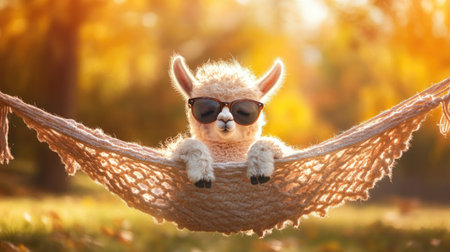 A charming and adorable alpaca wearing sunglasses relaxes in a hammock under a warm sunlit sky. The scenic outdoor setting creates a joyful atmosphere.の素材