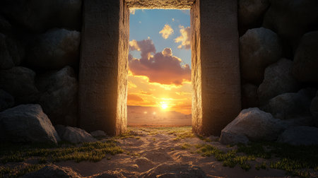 An enchanting view of a stone doorway leading to a stunning ocean sunset, adorned with dramatic clouds and radiant sunlight, perfect for evoking peace.の素材