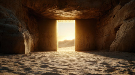 This stunning image captures the enchanting entrance of a desert cave, highlighted by soft rays of sunlight. Ancient symbols decorate the stone walls, inviting exploration.の素材