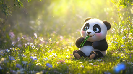 This charming illustration features a cute cartoon panda enjoying bamboo in a picturesque forest setting, surrounded by vibrant flowers and soft sunlight.の素材