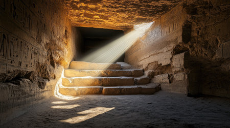 A serene interior view of an ancient Egyptian tomb, featuring stone steps leading into darkness, illuminated by a soft beam of sunlight showcasing hieroglyphics.の素材