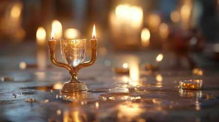 Captivating image of an ornate candle holder with flickering flames, creating a warm and inviting atmosphere on a softly lit table, suited for various occasions.の素材