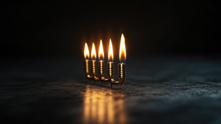 A tranquil scene featuring five sleek brass candle holders with flickering flames, casting a warm glow in a dark atmosphere, ideal for relaxation and celebration.の素材