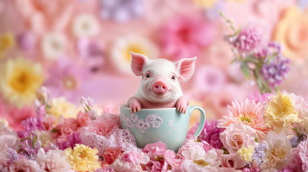 This charming image features an adorable piglet nestled in a delicate teacup, surrounded by a beautiful arrangement of colorful flowers, creating a delightful springtime scene.の素材