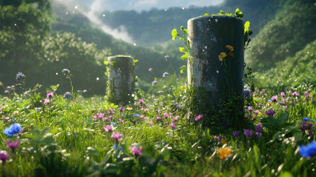 A captivating scene showcasing abandoned stone pillars enveloped by an array of colorful wildflowers and lush greenery, highlighting nature's beauty.の素材