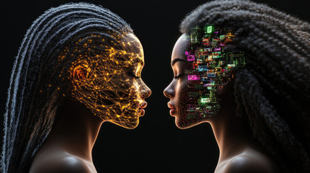 This captivating image features two female figures whose faces are artistically transformed by glowing technology and digital elements, symbolizing identity and connection.の素材