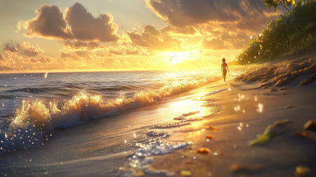 A tranquil scene of a lone figure walking along a sandy beach at sunset, with gentle waves and sparkling water reflecting a vibrant sky.の素材