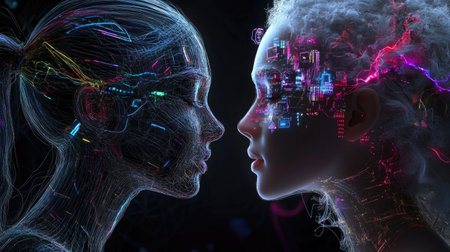 This artwork captures a profound connection between human identity and digital transformation, showcasing intricate details and vibrant colors in a stunning visual representation.の素材