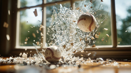 This captivating image showcases two baseballs striking a glass window, creating a dramatic shatter effect. The motion is emphasized by the dynamic fragments, highlighting the intensity of the impact. Perfect for sports, action, or dramatic themes.の素材