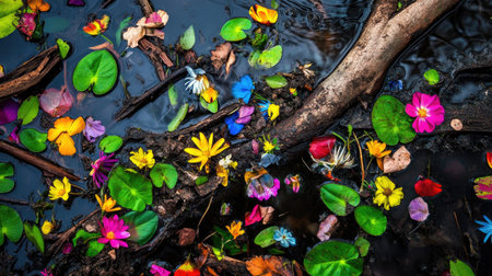 A stunning array of vibrant flowers and green leaves float gracefully on a dark water surface, creating a mesmerizing natural composition that highlights beauty and tranquility in nature.の素材