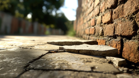 This image captures a serene alleyway featuring uneven pavement and a weathered brick wall, illuminated by soft evening light. A tranquil scene invites exploration.の素材