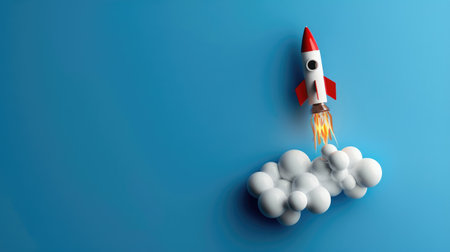 This vibrant image showcases a colorful rocket soaring from fluffy clouds against a bright blue background, symbolizing creativity and innovation.の素材
