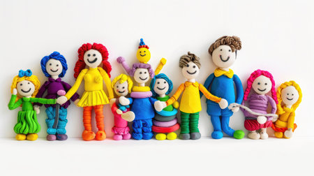 This vibrant artwork features playful clay figures representing a joyful community holding hands in a colorful display, celebrating togetherness and creativity.の素材