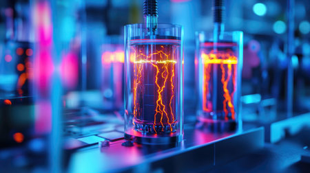 This image showcases vivid electric plasma contained in glass cylinders, creating a stunning visual effect in a high-tech laboratory environment. The illuminated light adds a dynamic atmosphere.の素材