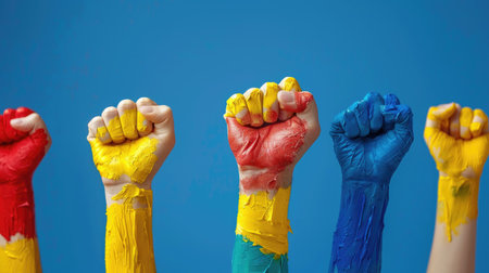 A vibrant display of raised fists painted in yellow, red, blue, and green, representing unity and strength against a serene blue background.の素材
