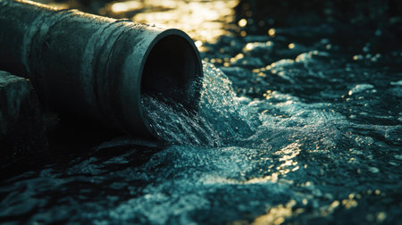 A metal pipe discharges water into a stream, creating calming ripples and reflections of light. The scene embodies tranquility and natural beauty.の素材