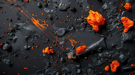 This striking abstract artwork features a dynamic interplay of black and orange, highlighting textured elements that evoke creativity and boldness.の素材
