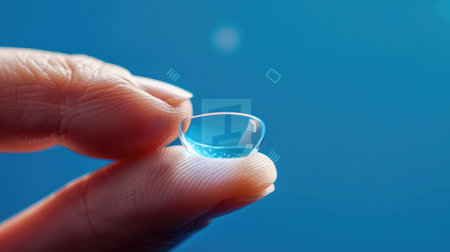 A close-up image showcasing a finger delicately holding a clear contact lens, set against a soft blue background, highlighting optical health and personal care.の素材