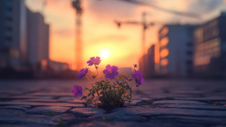 A striking image of resilient purple flowers blooming on a cobblestone street, set against a vibrant sunset and construction cranes in the background.の素材