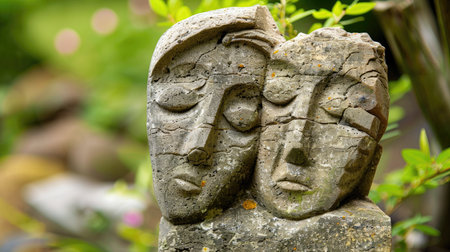 This captivating abstract stone sculpture features two intertwined human faces, symbolizing love and connection, set against a lush garden background.の素材
