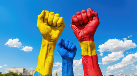 Three raised fists painted in vibrant colors of blue, yellow, and red against a vivid blue sky with clouds, symbolizing unity and pride.の素材