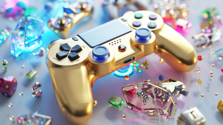 A stunning golden gaming controller sits amid a dazzling array of colorful game accessories and vibrant lights, capturing the essence of modern gaming and entertainment.の素材