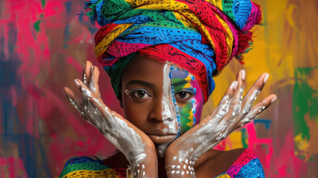 A striking portrait of a young woman showcasing colorful body paint and a vibrant headwrap. The artistic background enhances her bold expression and cultural identity.の素材