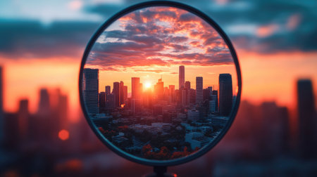 Captivating view of a city skyline at sunset, framed through a round glass lens. The warm colors enhance the urban landscape, showcasing beauty and serenity.の素材
