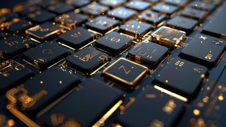 This image showcases a high-tech keyboard featuring illuminated keys against a dark background. The intricate circuitboard patterns highlight modern technology and design.の素材