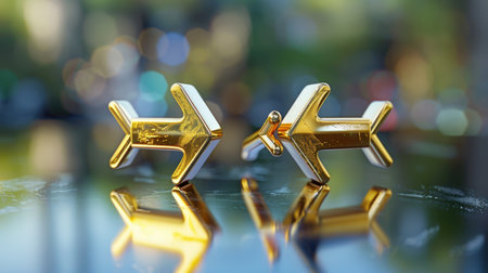 This stunning pair of shiny gold airplane cufflinks rests on a reflective surface, creating a beautiful interplay of light and texture. Ideal for stylish occasions.の素材