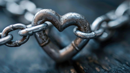 This captivating close-up image features a heart-shaped metal link in a silver chain, symbolizing love and connection against a dark wooden background.の素材