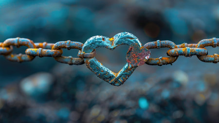 A close-up view of a rusty heart-shaped padlock hanging on a weathered chain, set against a soft abstract background in teal and blue tones.の素材