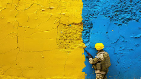 A soldier applies yellow paint to a wall, creating a striking contrast with blue, symbolizing unity and resilience in a conflict zone, conveying a powerful message of hope.の素材
