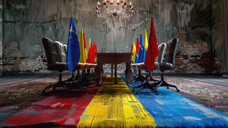 An elegant conference room featuring a prominent table, stylish chairs, and a chandelier, accentuated with multiple flags symbolizing international collaboration. The unique decor creates a distinct atmosphere for meaningful discussions.の素材