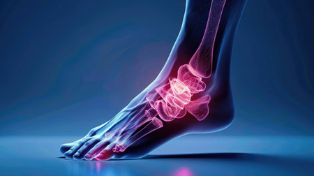 This detailed medical illustration highlights the human ankle joint, showcasing the complex interaction between bones, ligaments, and tissues, emphasizing anatomy and wellness.の素材