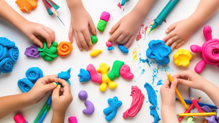 Hands of children creating colorful play-dough models represent joy and creativity. The scene showcases vibrant colors and collaborative artistic expression, inspiring imagination and learning through play.の素材