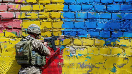 A soldier stands in front of a brightly painted wall featuring national colors, holding a rifle in a moment of vigilance and pride. The scene captures the essence of resilience and identity amidst urban surroundings.の素材