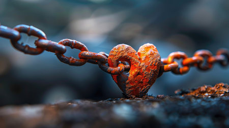 This captivating close-up image features a heart-shaped link in a rusty chain, beautifully symbolizing resilience in nature. The detailed texture and warm colors evoke emotions of love and strength.の素材