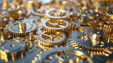A captivating close-up view of an intricate arrangement of shiny golden gears and cogs showcasing mechanical beauty and engineering precision.の素材