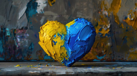 This artistic image features a heart-shaped object made of vibrant yellow and blue paint, showcasing texture and creativity against an abstract backdrop.の素材