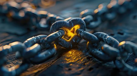 This captivating image features a heart-shaped link of a metal chain emitting a gentle glow, resting on a rustic wooden surface. It beautifully symbolizes love and connection through its unique design and warm light.の素材