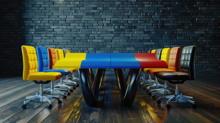A vibrant modern conference room featuring a unique table design and colorful chairs. The space is ideal for collaborative meetings and creative discussions.の素材