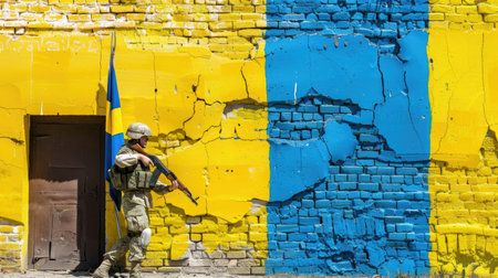 A soldier stands beside a vividly painted wall featuring blue and yellow colors, symbolizing the nation's pride and resilience amidst ongoing conflict. The image captures a moment of strength and determination.の素材
