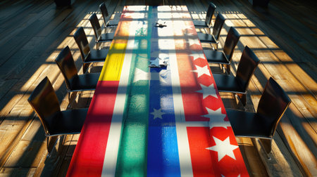 This image features a vibrant table adorned with various international flags, set in a modern meeting room. The interplay of shadows and light enhances the inviting atmosphere for collaboration.の素材