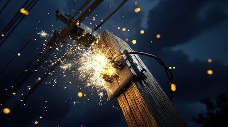 A close-up of a wooden utility pole experiencing a dramatic electrical spark at night, surrounded by a moody sky and flying sparks, creating a dynamic scene.の素材