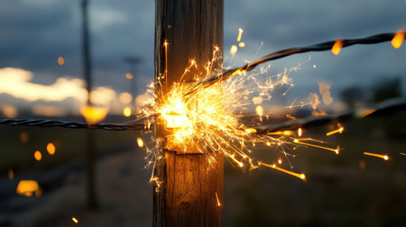 A vibrant spark ignites from a barbed wire fence, illuminated by the warm hues of a dramatic sunset. The blurred background enhances the sense of motion and danger.の素材
