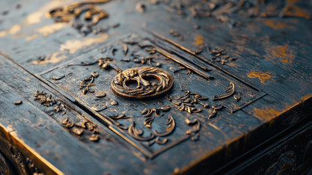 This image features a beautifully crafted vintage box with ornate carvings and an elegant decorative emblem, showcasing meticulous artistry on a rustic wooden surface.の素材