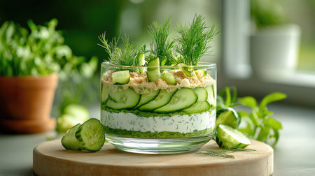 This vibrant cucumber layered salad features fresh cucumber slices, creamy cheese, and aromatic herbs, beautifully presented in a glass bowl for a healthy dish.の素材