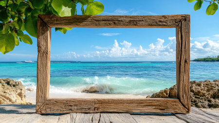 A stunning tropical beach scene captured through a rustic wooden frame, showcasing serene waters, bright sky, and lush greenery for a perfect getaway.の素材