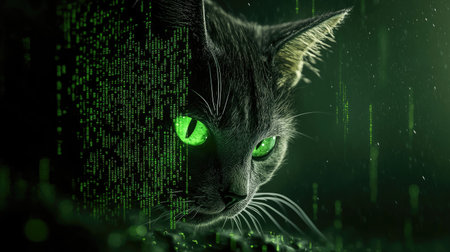 A captivating image of a cat with striking green eyes set against a dark background, featuring digital code elements that evoke a futuristic ambiance.の素材